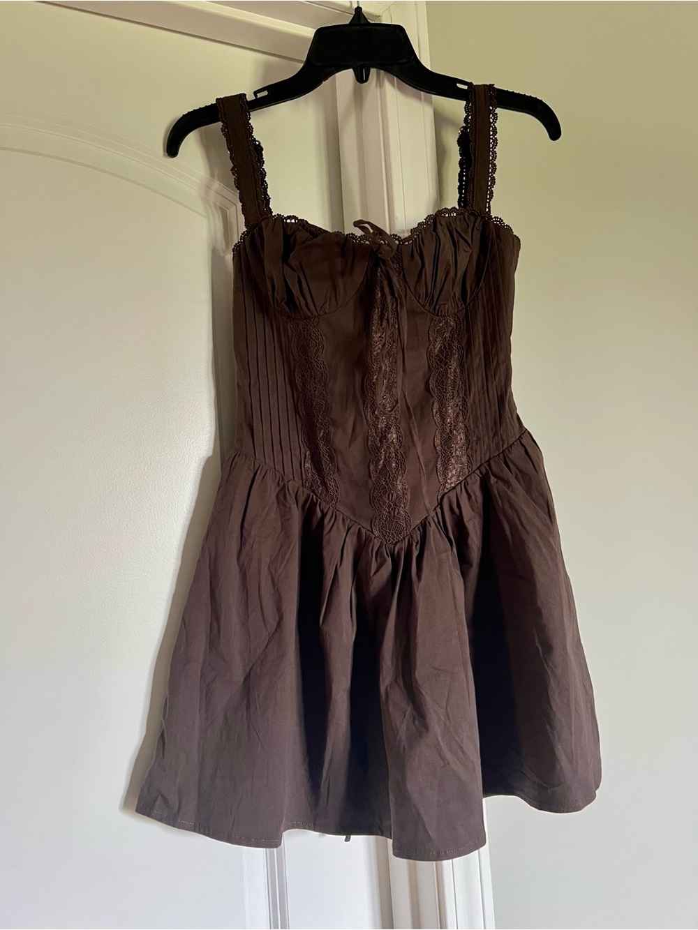 Brown Lace-Trim Cotton Fit & Flare Chemise Dress